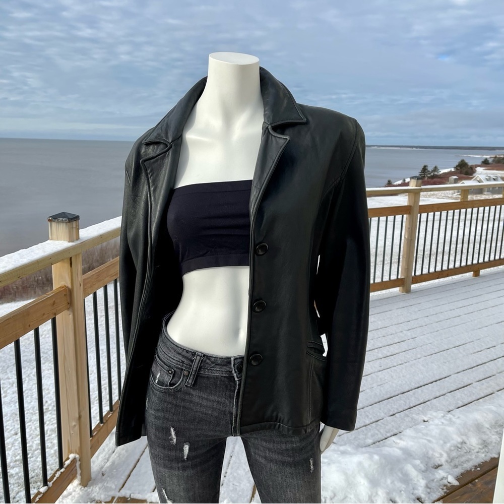Vintage Leather Black Blazer Trench Jacket Buttery Soft